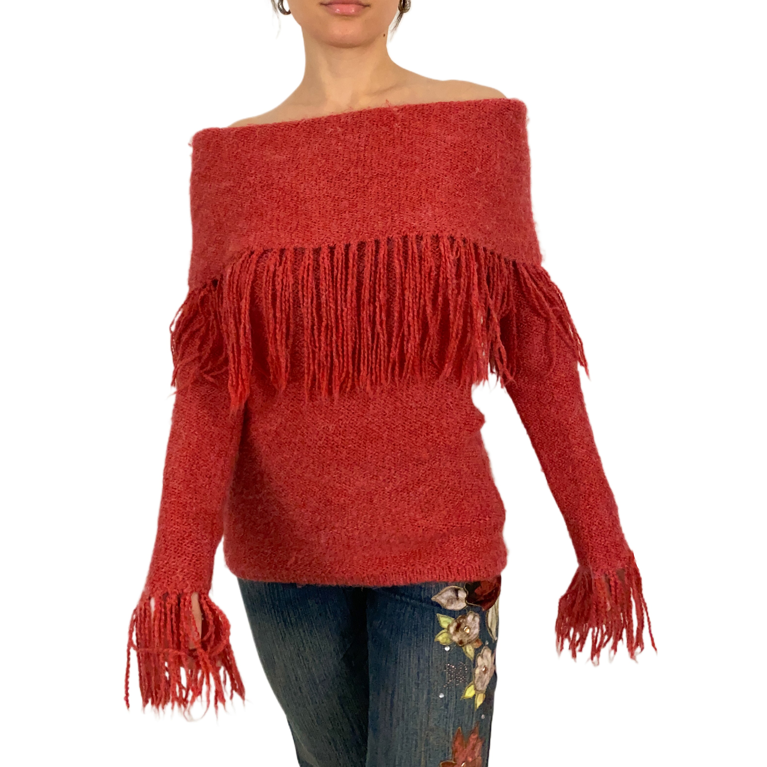 Off The Shoulder Fringe Sweater (S)