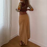 Italian vintage camel brown low-rise maxi skirt with asymmetric hem