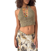 Miss Sixty Beaded Knit Halter Top in Olive (S)