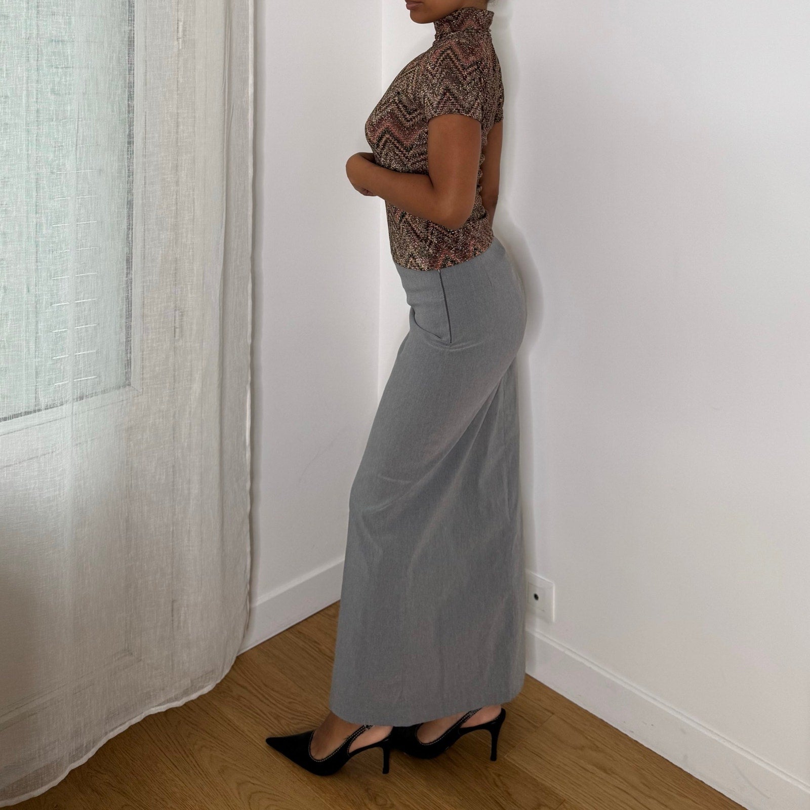 Italian Vintage Grey Low Rise Maxi Skirt with Front Slitsk