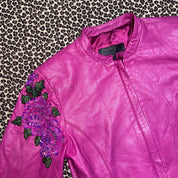 Embellished Flower Detail Magenta Leather Jacket (S/M)
