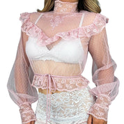 1970s Pink Lace Ruffle Blouse (S)