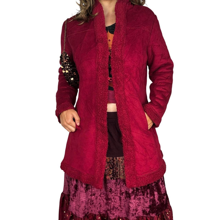Y2K Burgundy Sherpa Faux Fur Trim Penny Lane Coat (M)