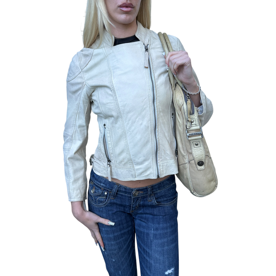 Vintage Asymmetrical Zip White Leather Jacket (S/M)