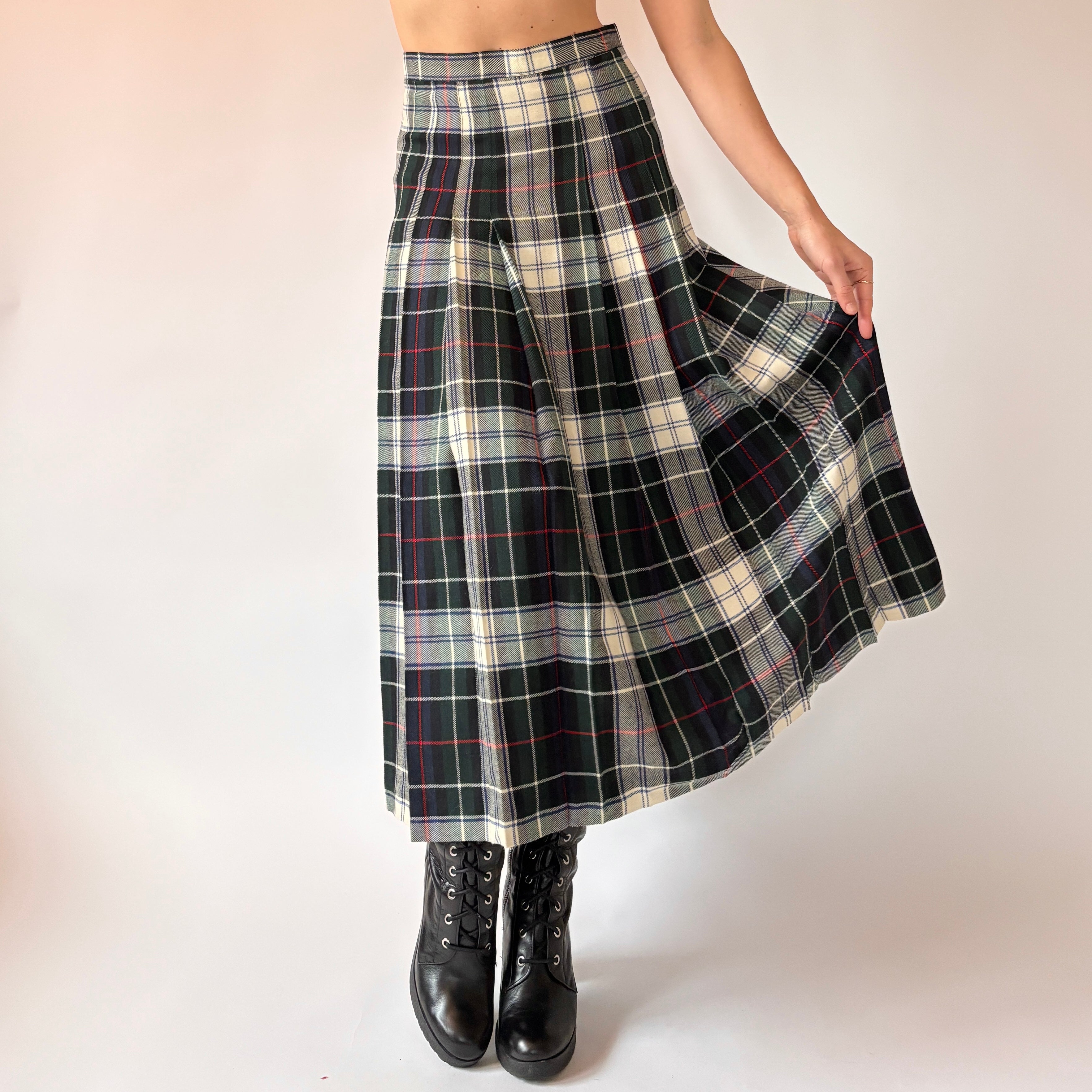 Vintage Wool Plaid Midi Skirt (XS)