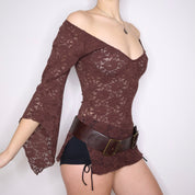 Y2K Brown Lace Boho Blouse (XS/S)