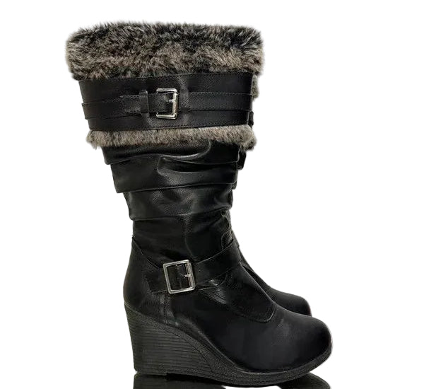 2000s Buckle Faux Leather & Fur Trim Wedge Boots (6)