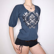Y2K CAVALLI Graphic Puff Sleeve Top (M/L)