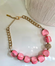 Chunky Bead Pink Clear Lucite Rhinestone Necklace INC 80s 90s