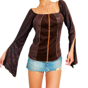 French Faux Suede Bell Sleeve Top (M)