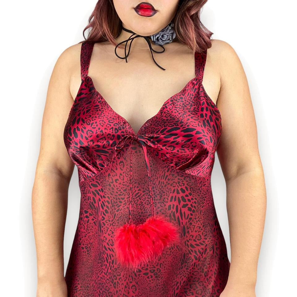 2000s Feather Trim Leopard Slip (L)