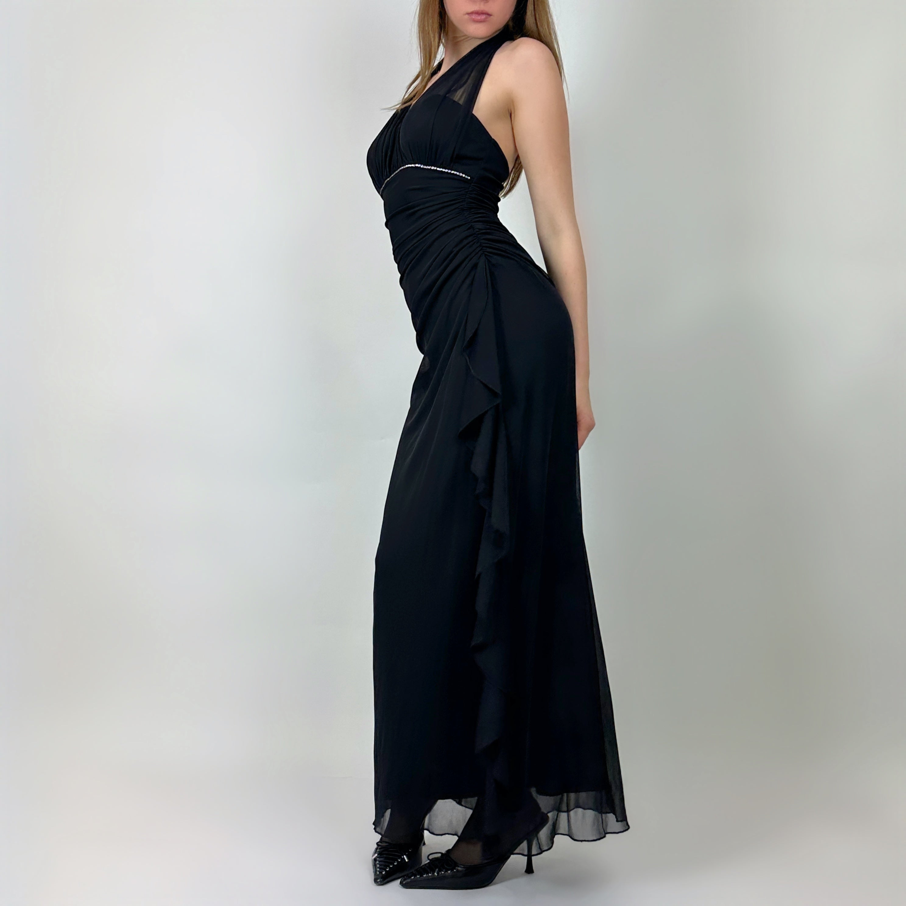 Vintage Noir Mesh Overlay Flutter Gown (XS/S)