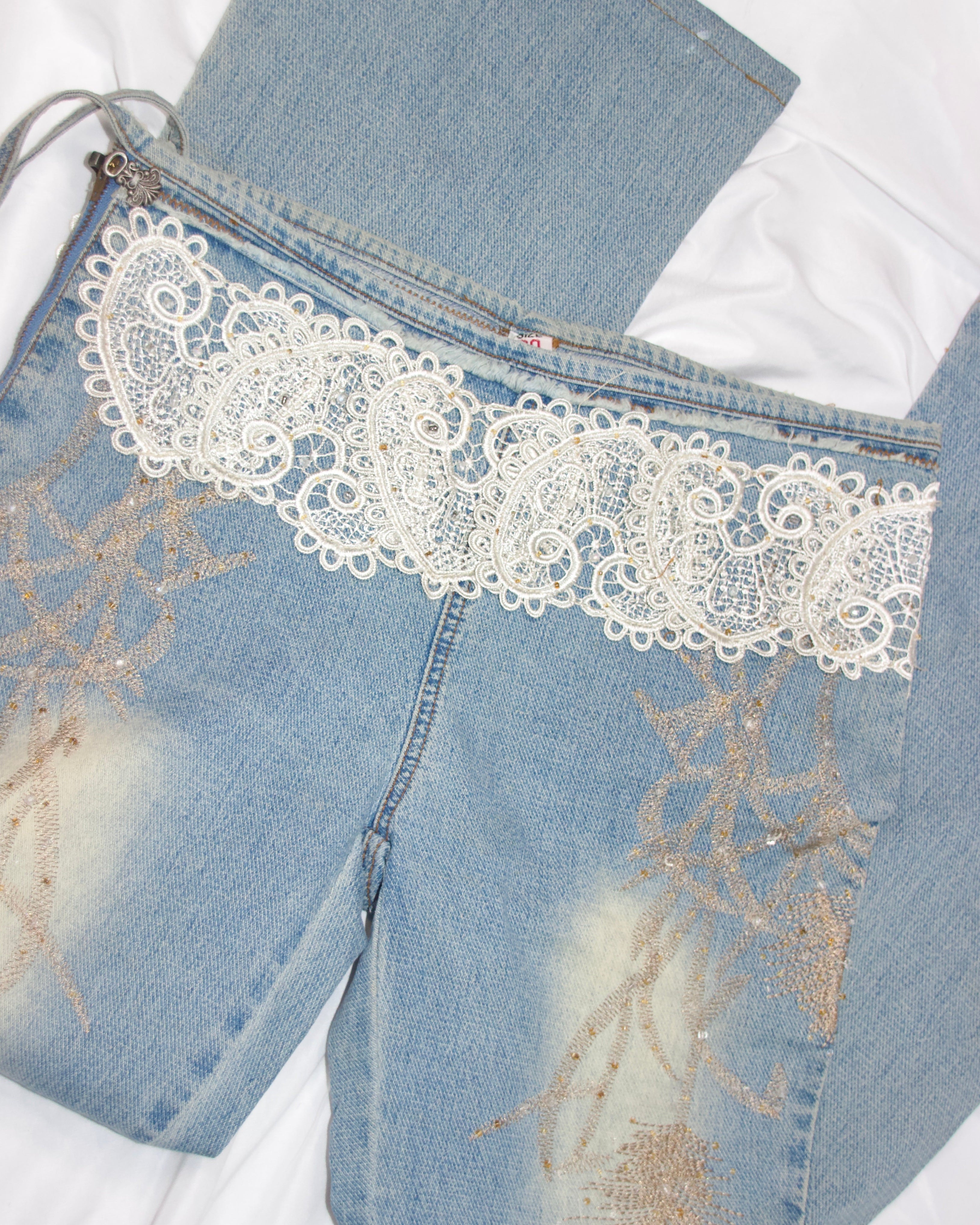 Crochet Beaded Denim Jeans (M)