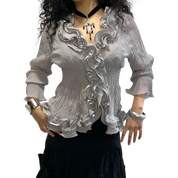 Vintage Sheer Ruffle Button Blouse (M/L)