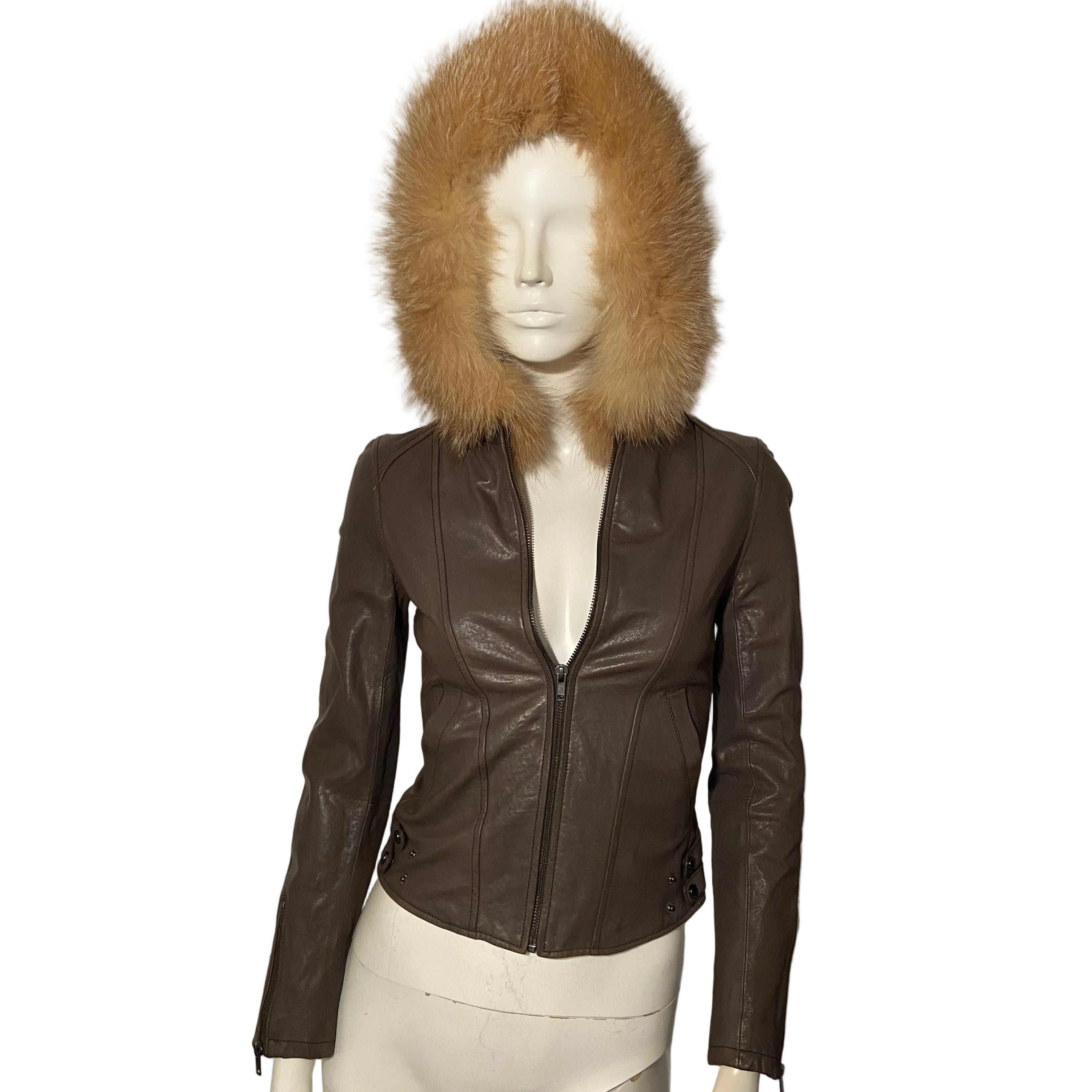 Fitted Brown Leather Jacket with Fur Hood (XS)