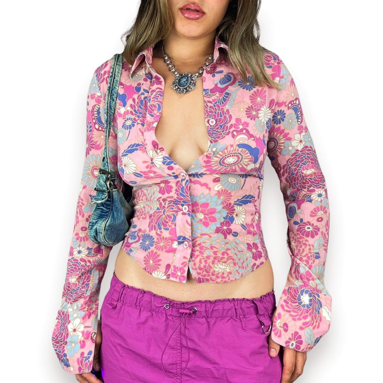 2000s Silk Floral Button Down (XS)