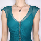Y2K Teal Beaded Silk Midi Dress (M)