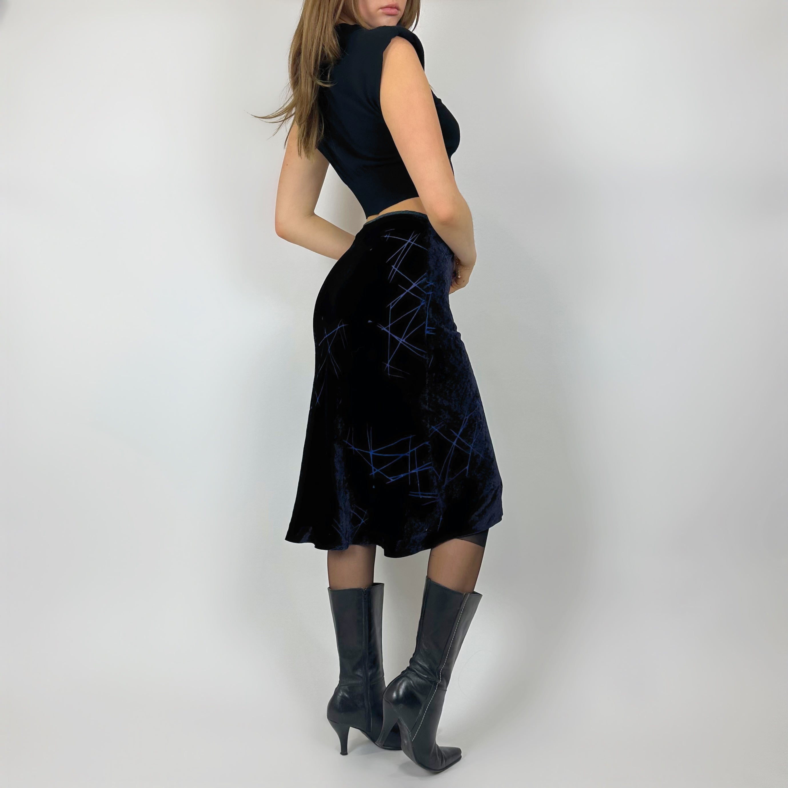 Vintage Deep Blue Velvet Midi Skirt (xs)