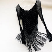 Fringy Black Beaded Crochet Top - S/M