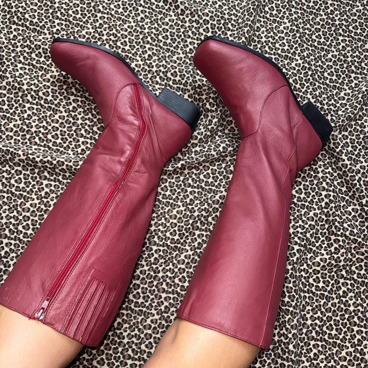 Burgundy Real Leather Knee High Block Heel Boots (10.5)