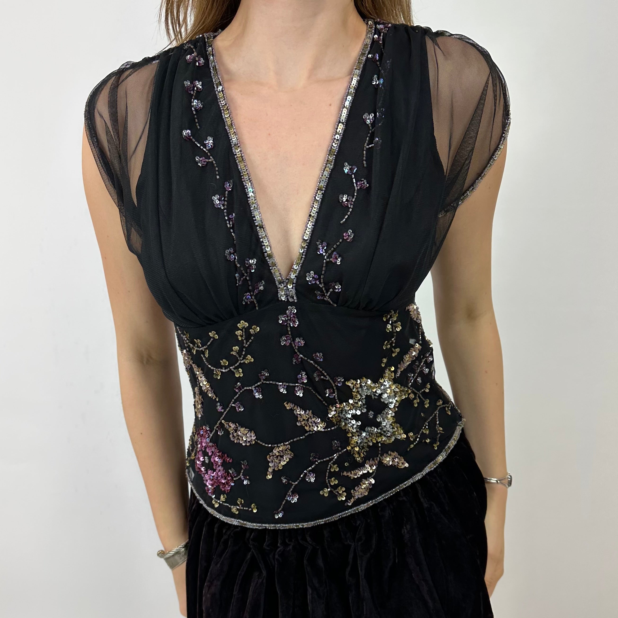 90s Beaded Mesh Overlay Beaded Top (M)