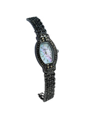 black crystal watch with cotton candy mother of pearl dial