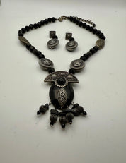 Antique Silver Black Beaded Necklace Set