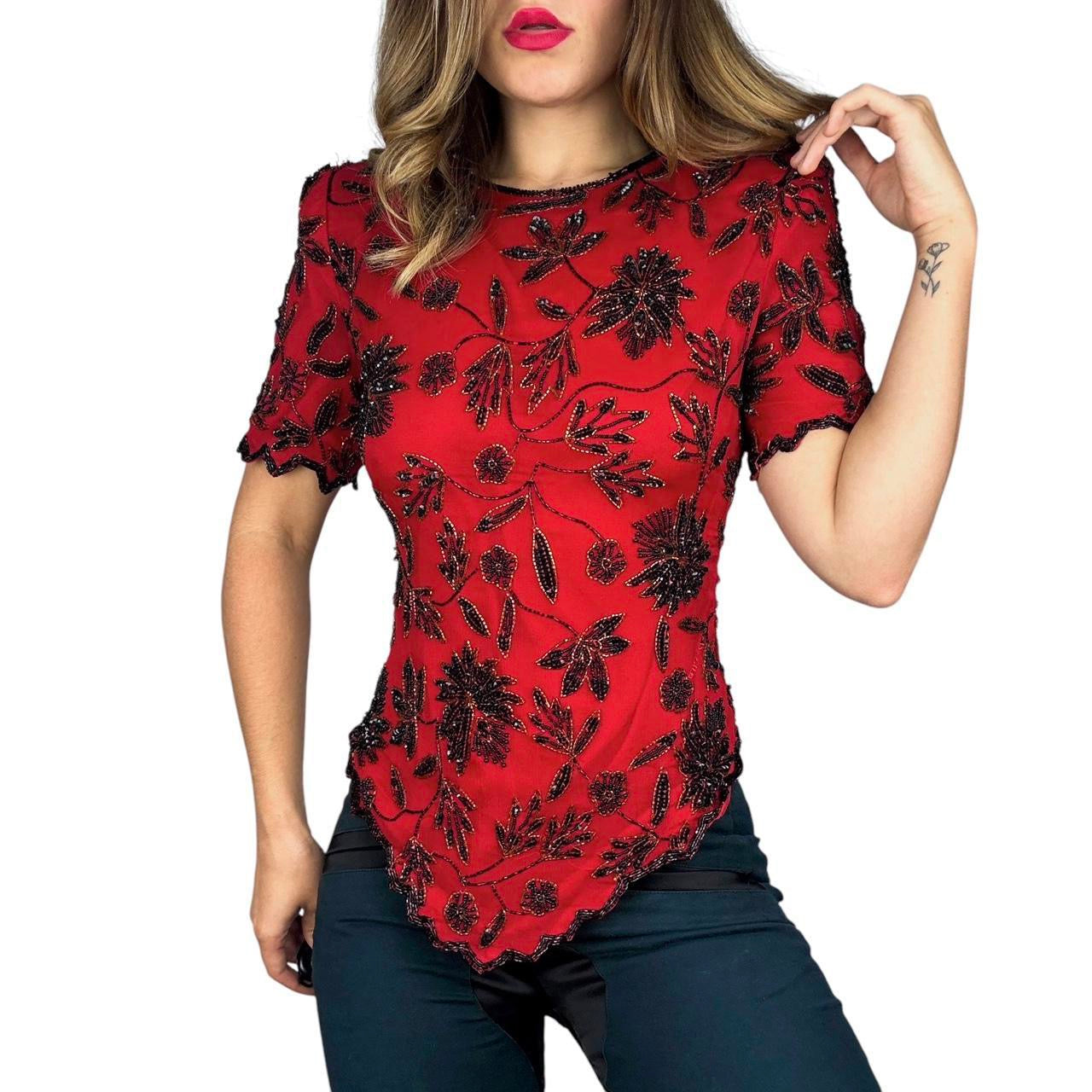 Vintage Floral Beaded Silk Blouse (S)