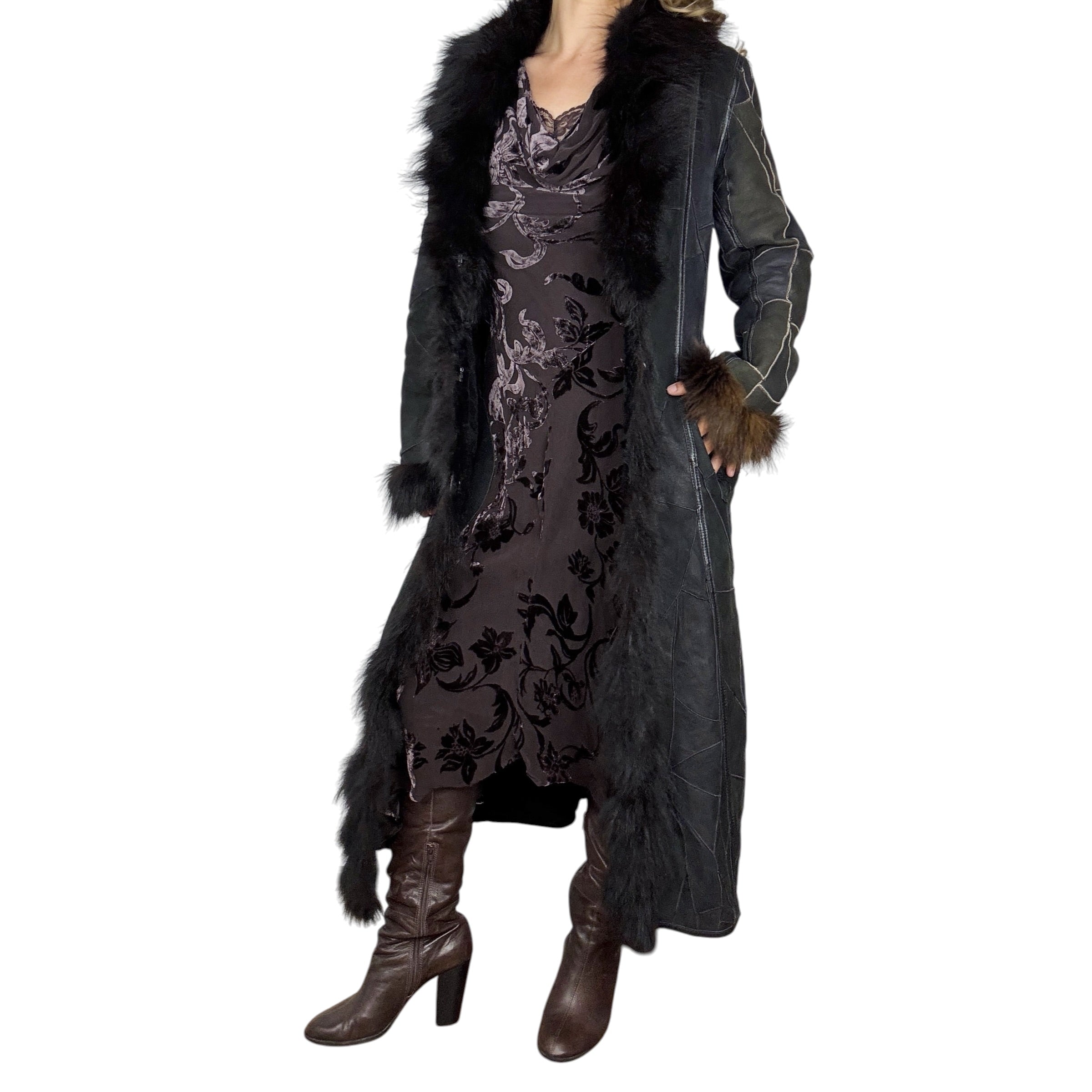 Parisian Vintage Fur Trim Suede Leather Patchwork Coat (M/L)