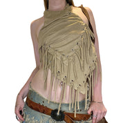 Vintage Fringe Eyelet Faux Suede Waistcoat (M)