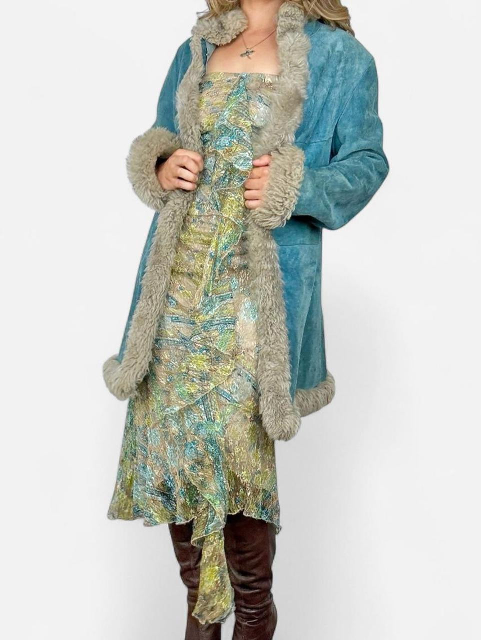 Vintage Teal Genuine Suede & Shearling Penny Lane Coat (M)