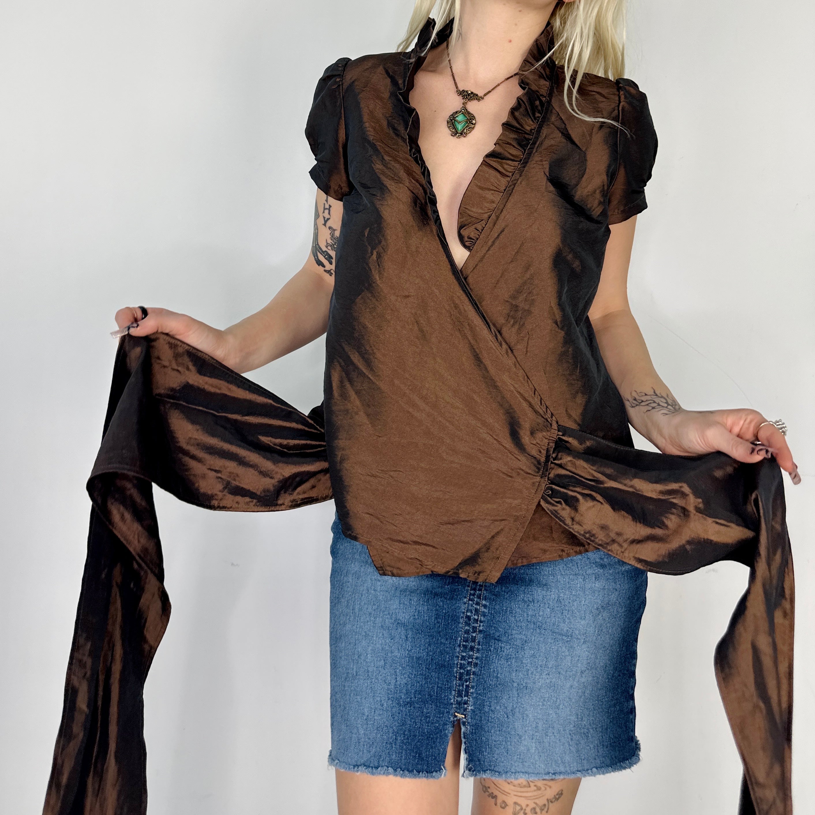 Chocolate Metallic Wraparound Blouse (M)