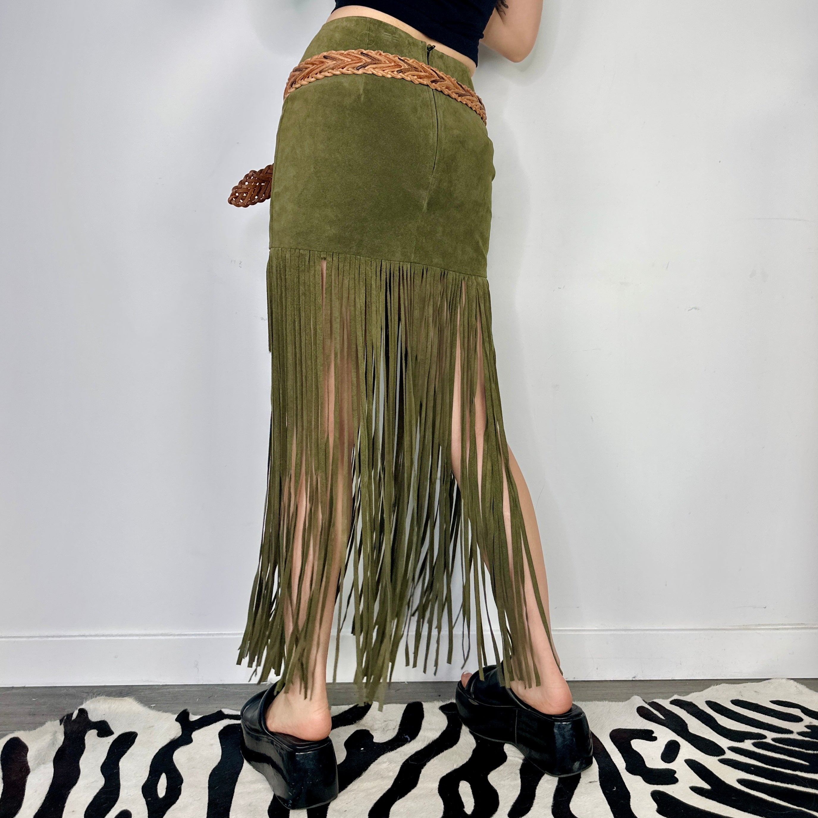 Olive Genuine Suede Fringe Maxi Skirt (S)