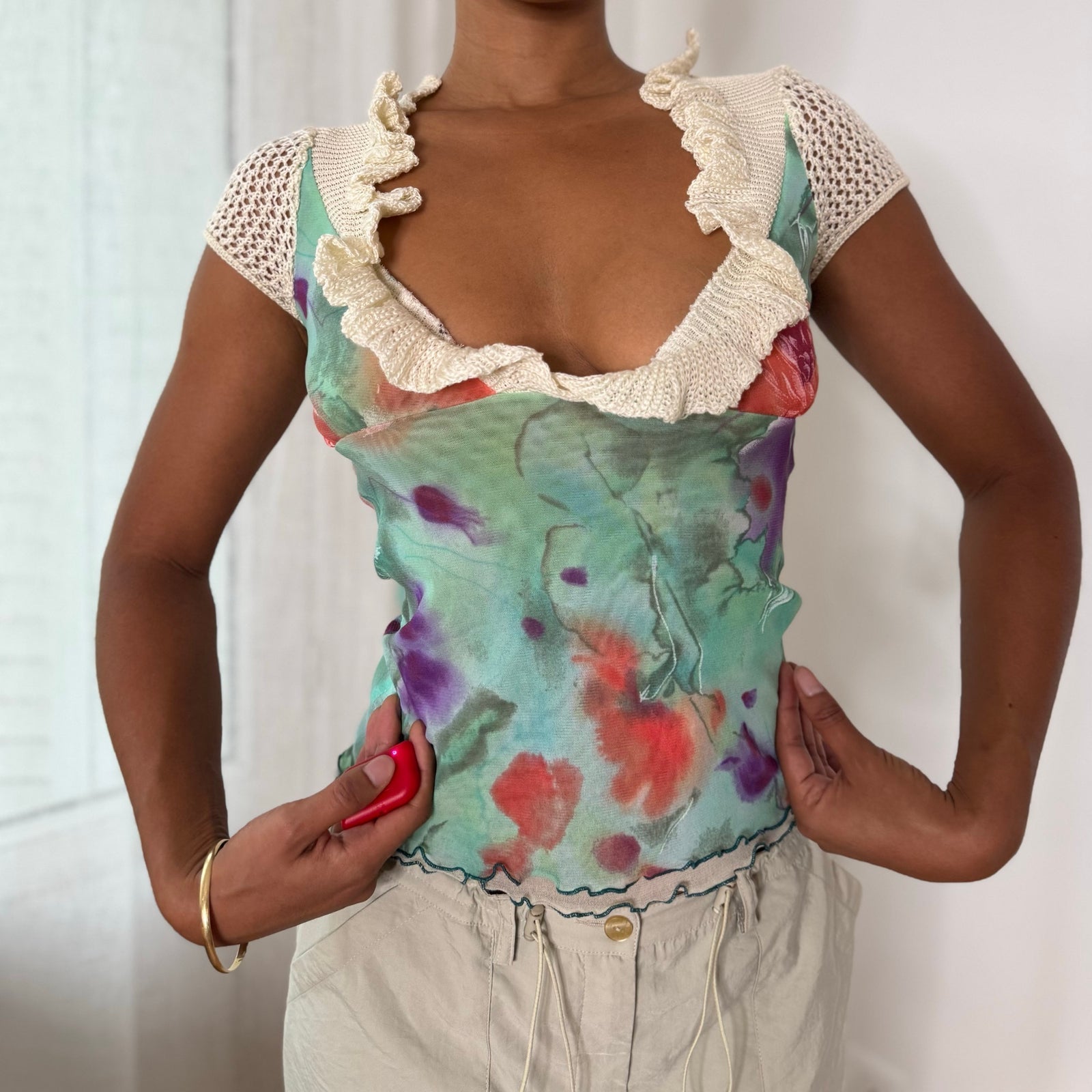 Sonia Fortuna Italian vintage turquoise floral mesh top with crochet ruffle neckline & cap sleeves