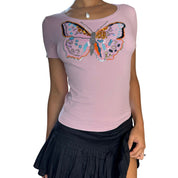 Vintage Pink Baby Tee with Beaded Butterfly (S)