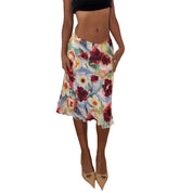 European vintage floral print mesh midi skirt with ruffled hem