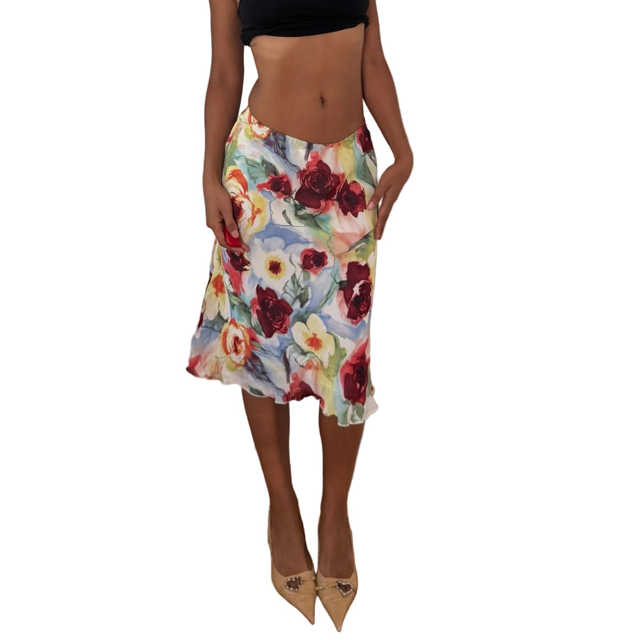 European vintage floral print mesh midi skirt with ruffled hem