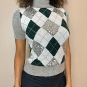 Italian Vintage argyle short sleeve knit turtleneck with sequin (XS/S)