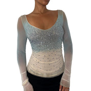 Italian vintage pale blue and ivory sequin embellished mesh long sleeve top