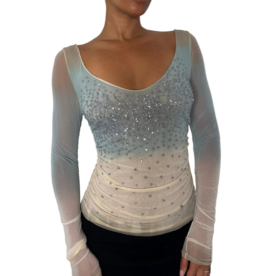 Italian vintage pale blue and ivory sequin embellished mesh long sleeve top