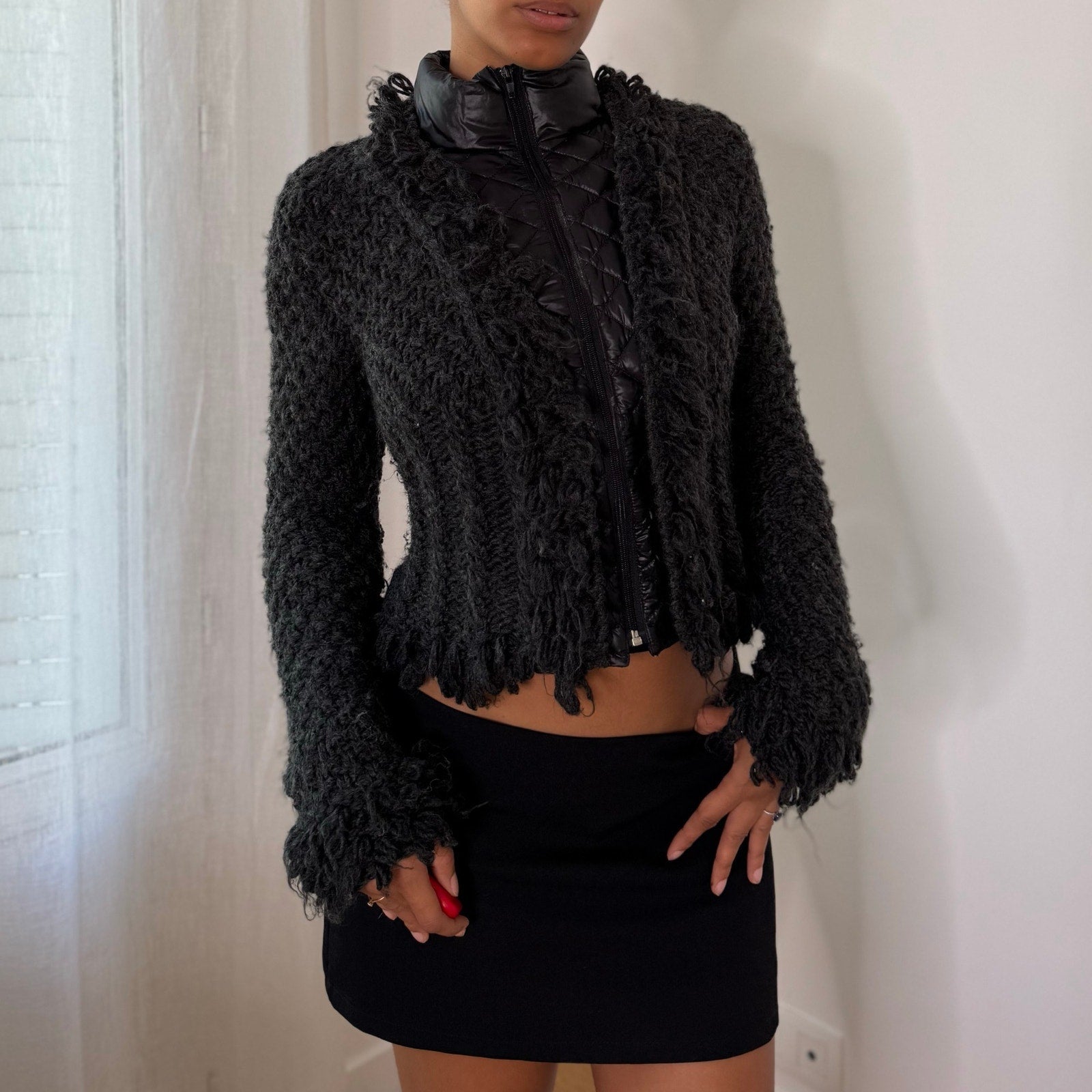 Italian vintage charcoal grey textured wool blend zip-up jacket with high collar