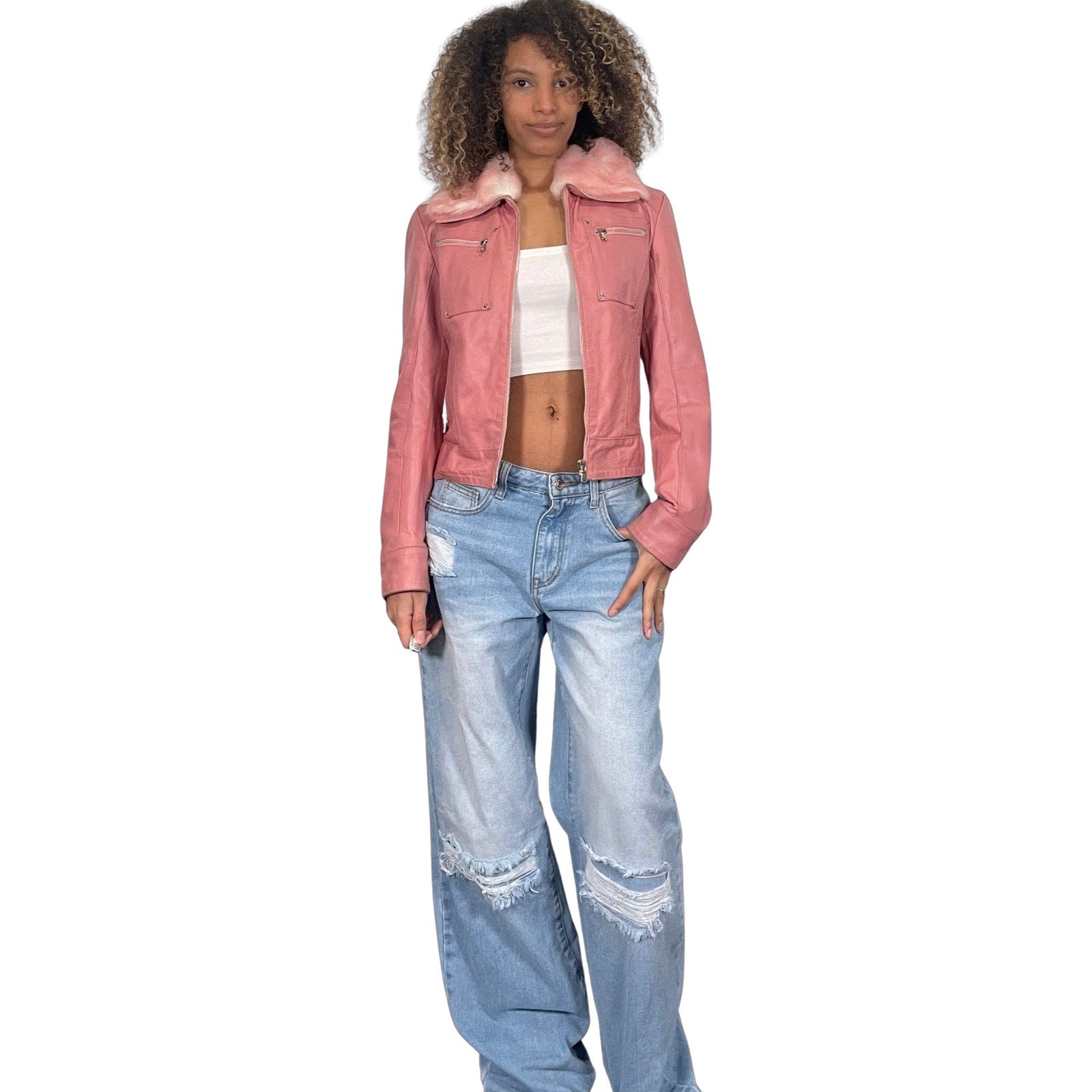 90s pink leather jacket fur trim (XS/S)