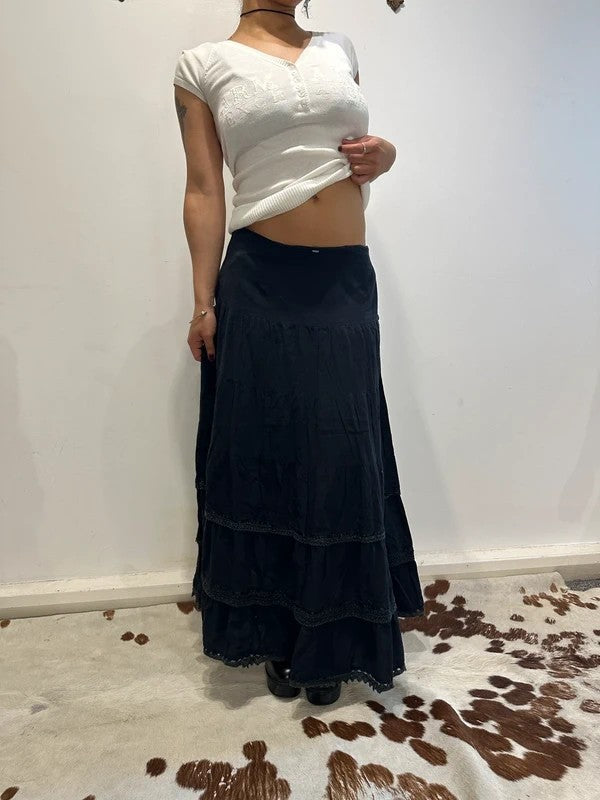 Vintage Off Black Cotton Tiered Maxi Skirt (S/M)