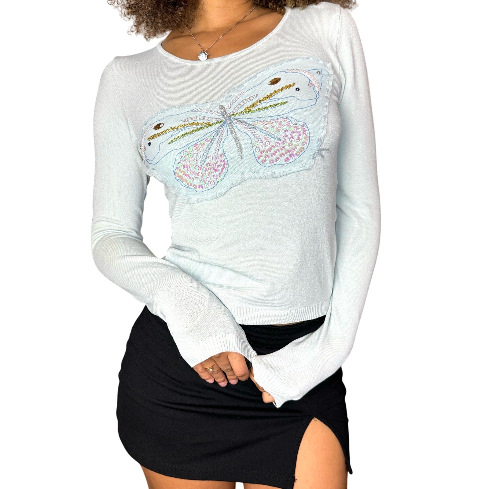 Vintage 00s Baby Blue Knit Top with Silk Applique (S)