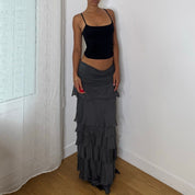 Italian vintage charcoal grey tiered maxi skirt with silk mesh ruffles