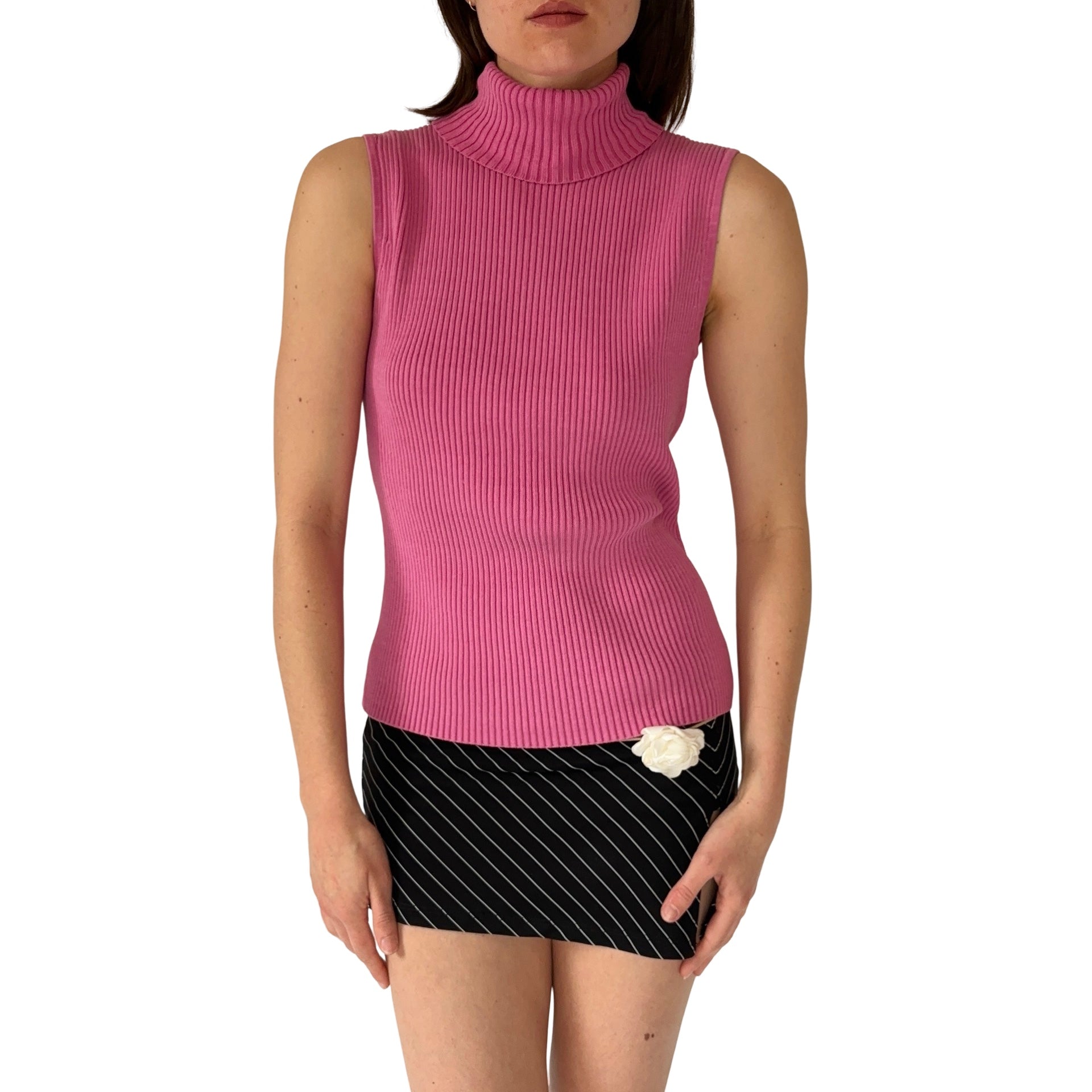 2000s Pink Silk Ribbed Sleeveless Turtleneck (S/M)
