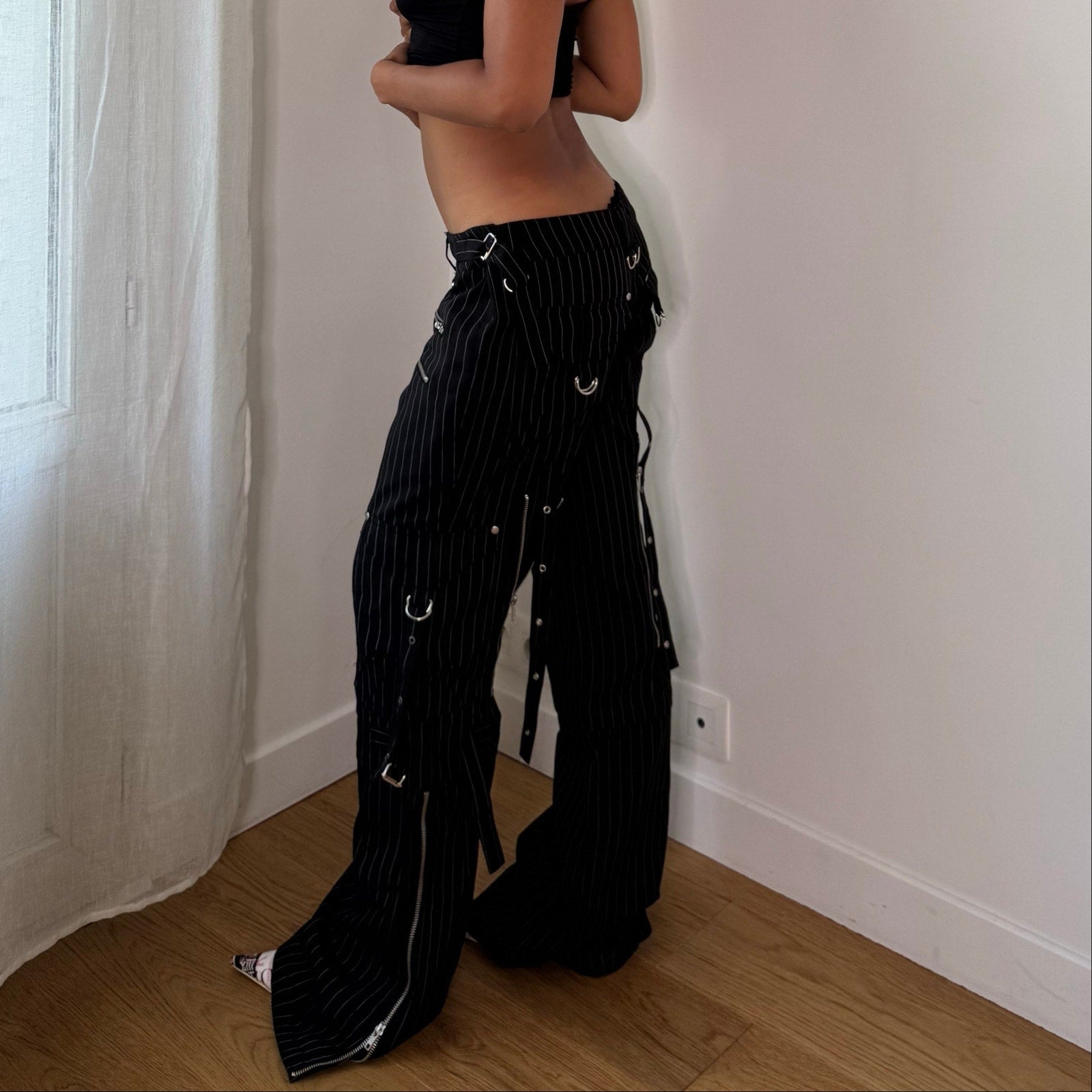 Euro Vintage Black Pinstripe Cargo Pants with Zipper & Buckle Details (M)