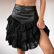 80s Leather & Lace Ruffle Skirt (XXS/XS)