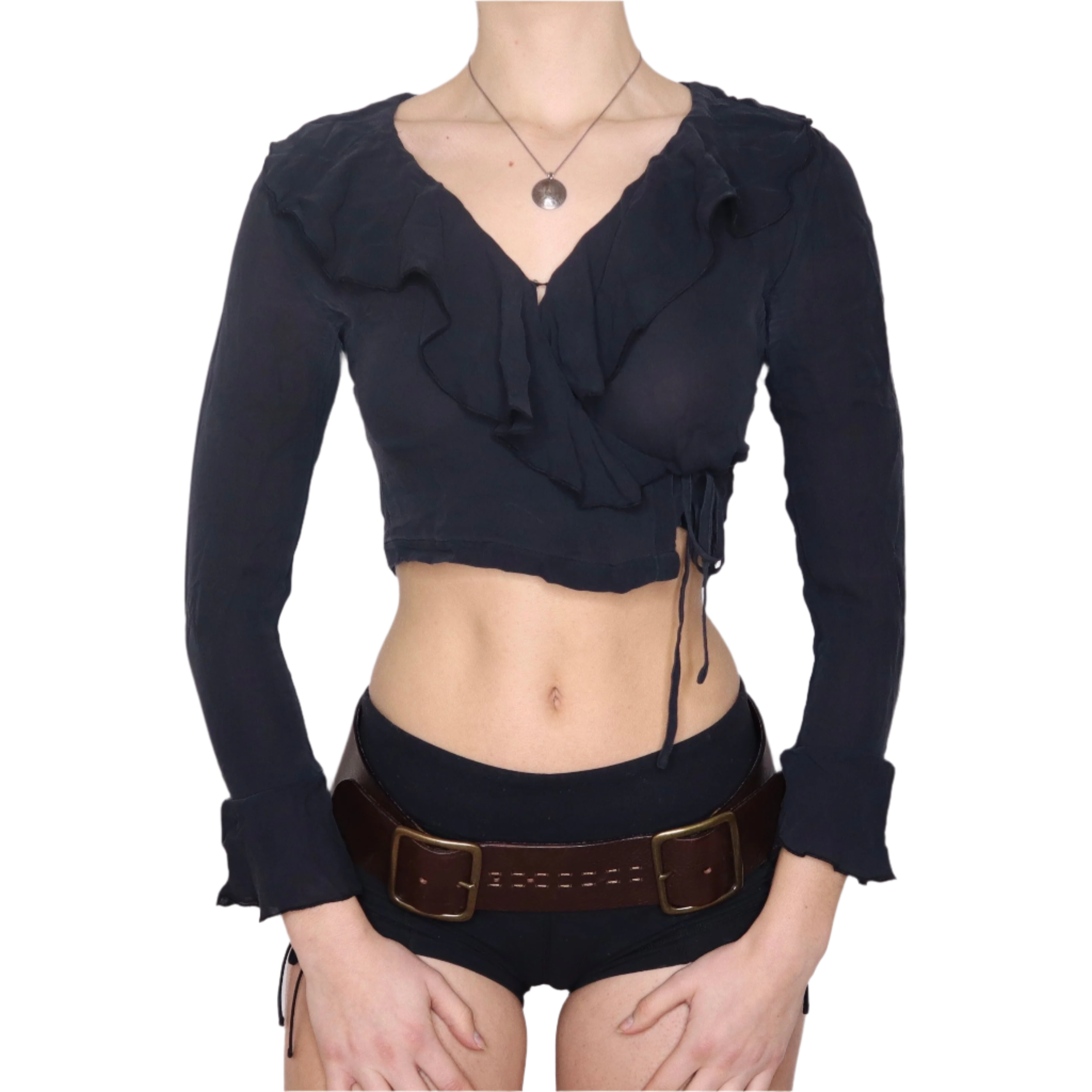 90s Black Silk Ruffle Wrap Top (XS)