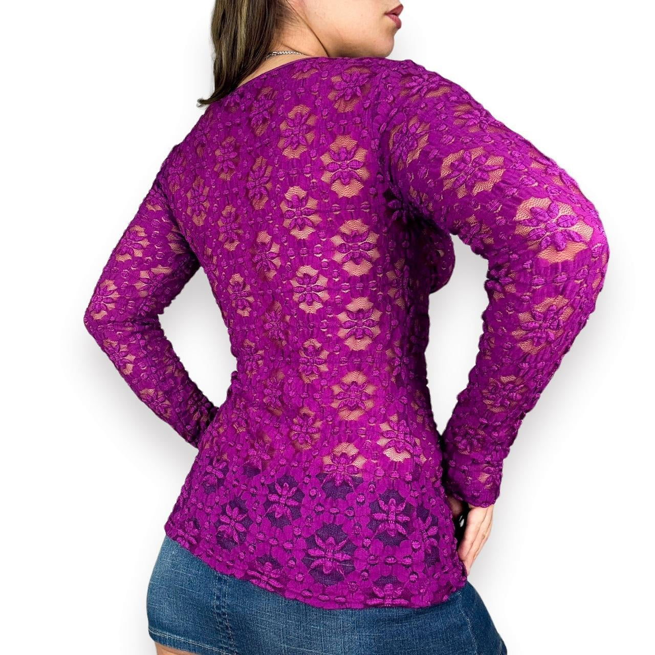 2000s Orchid Sheer Lace Top (M)